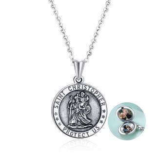 Sterling Silver Saint Christopher Personalized Photo Locket Necklace with Engraved Word-5