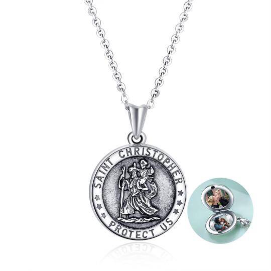 Sterling Silver Saint Christopher Personalized Photo Locket Necklace with Engraved Word