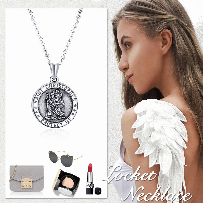 Colar com medalhão fotográfico personalizado de São Cristóvão para mulheres em prata esterlina 925-2