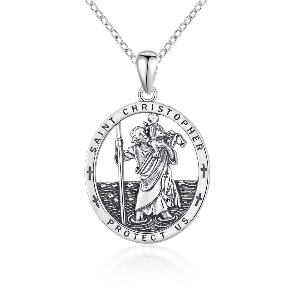 Sterling Silver Saint Christopher Protect Us Pendant Necklace-1