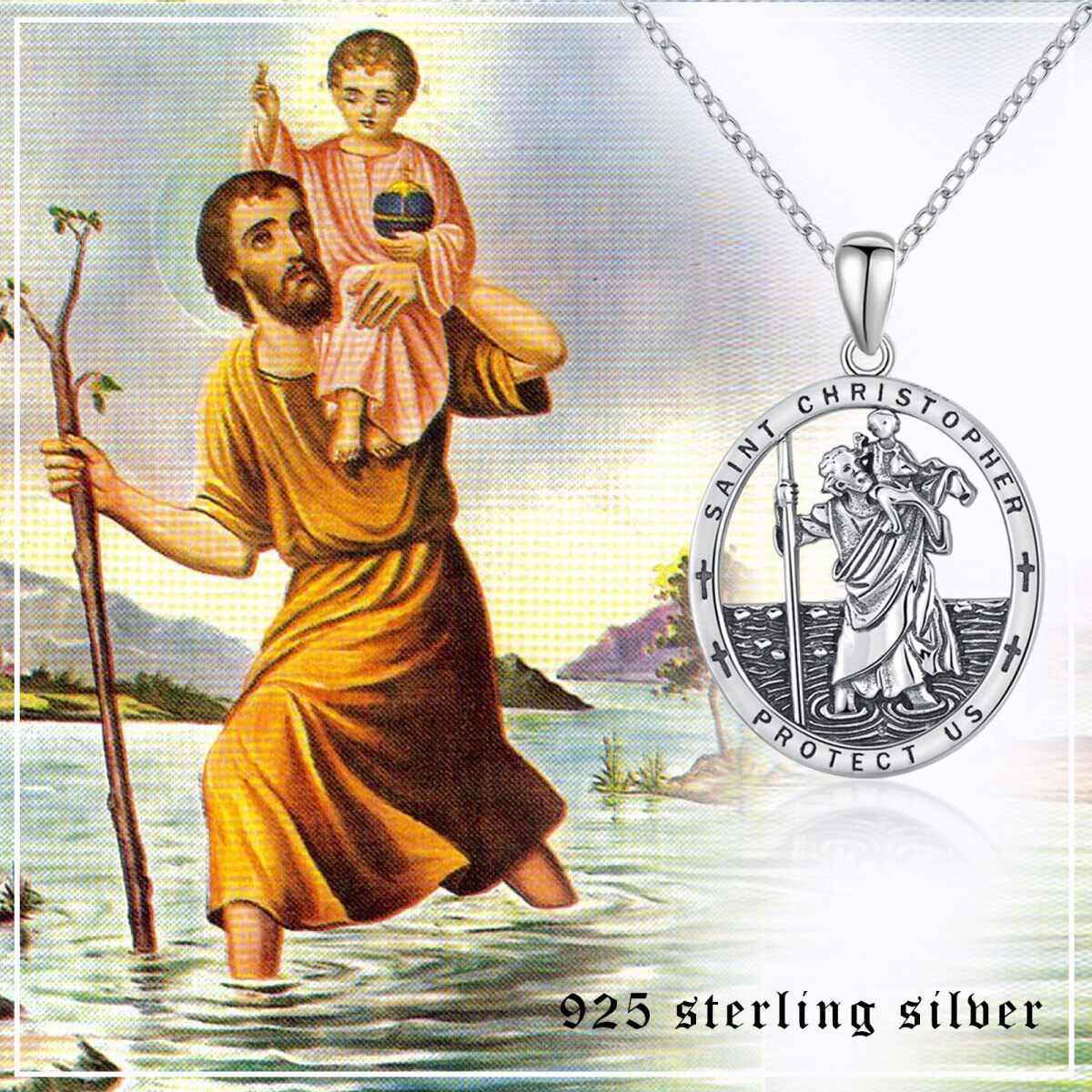 Collier en argent sterling avec pendentif Saint Christopher Protect Us-4