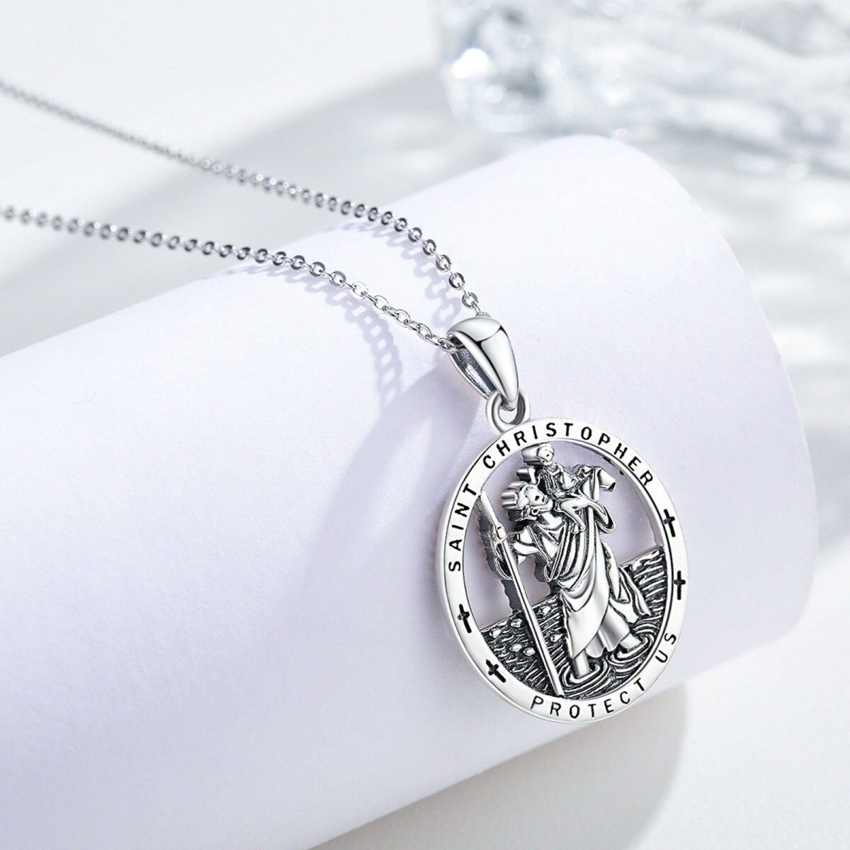 Collier en argent sterling avec pendentif Saint Christopher Protect Us-5