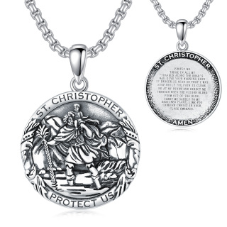 Sterling Silver Saint Christopher Round Pendant Necklace with Engraved Word for Men-4