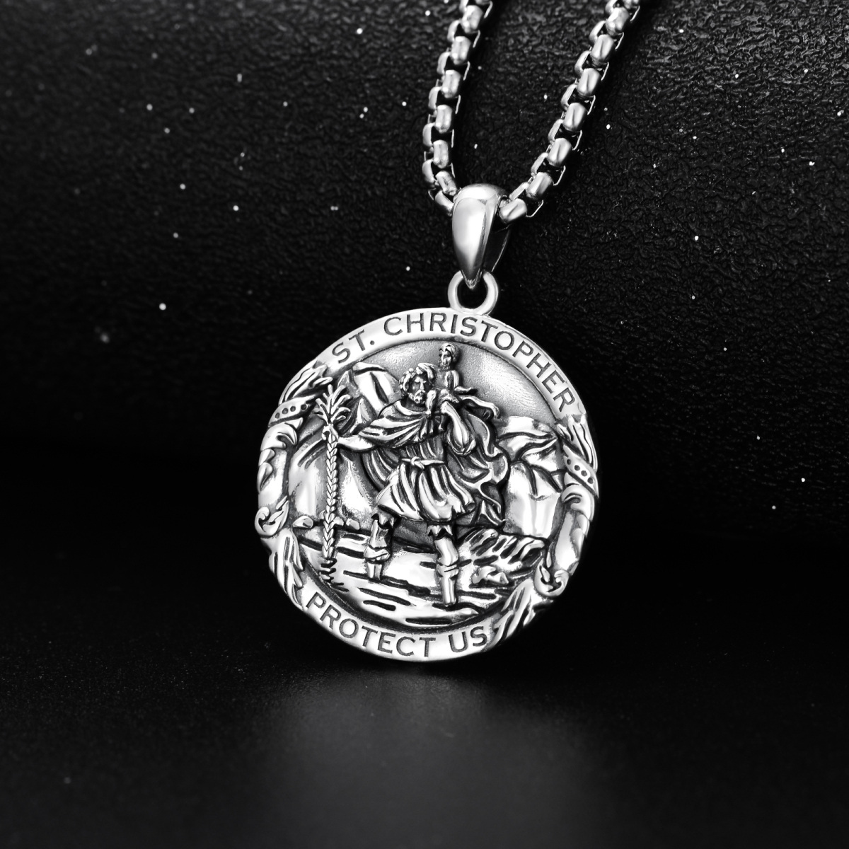 Sterling Silver Saint Christopher Round Pendant Necklace with Engraved Word for Men-3