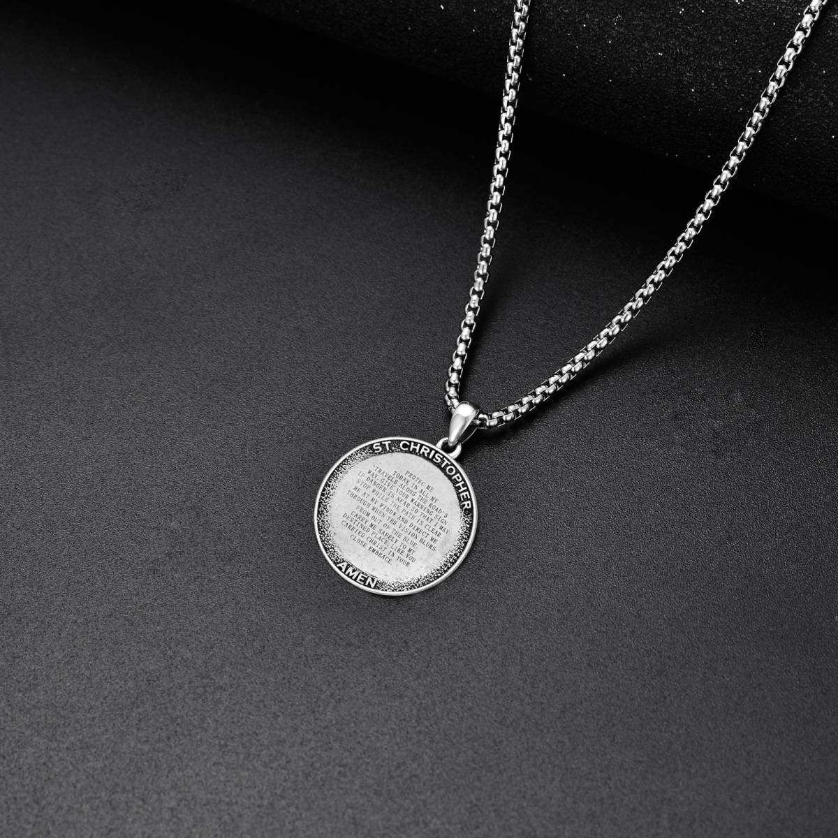 Sterling Silver Saint Christopher Round Pendant Necklace with Engraved Word for Men-4