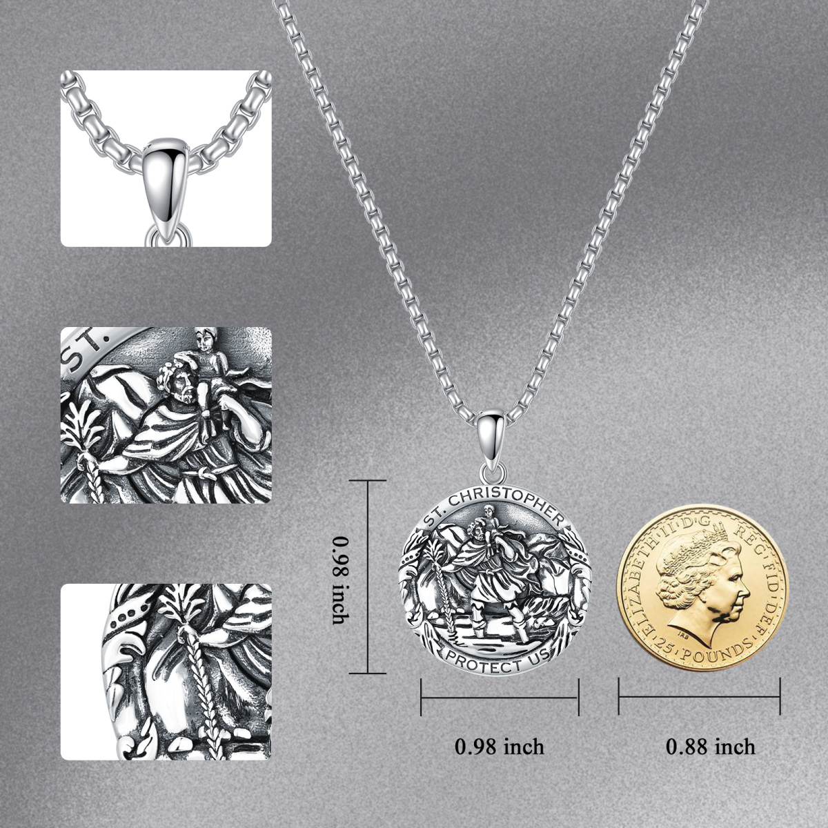 Sterling Silver Saint Christopher Round Pendant Necklace with Engraved Word for Men-5