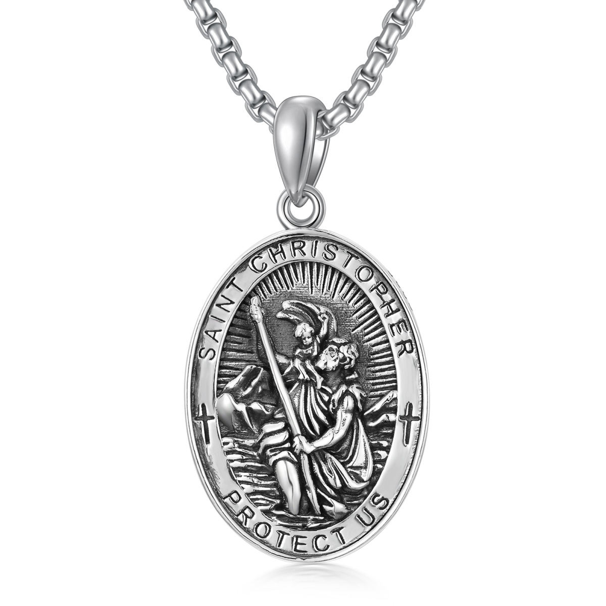 Collar con colgante de plata de ley de San Cristóbal con espada y palabra grabada para hombres-1