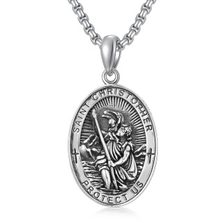 Sterling Silver Saint Christopher With Sword Pendant Necklace With Engraved Word For Men-2