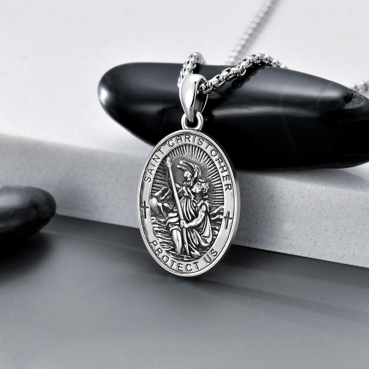 Sterling Silver Saint Christopher With Sword Pendant Necklace With Engraved Word For Men-3