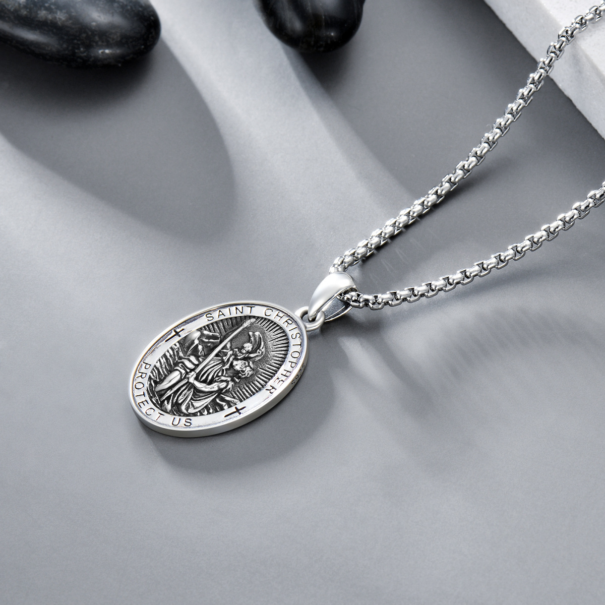 Sterling Silver Saint Christopher With Sword Pendant Necklace With Engraved Word For Men-4