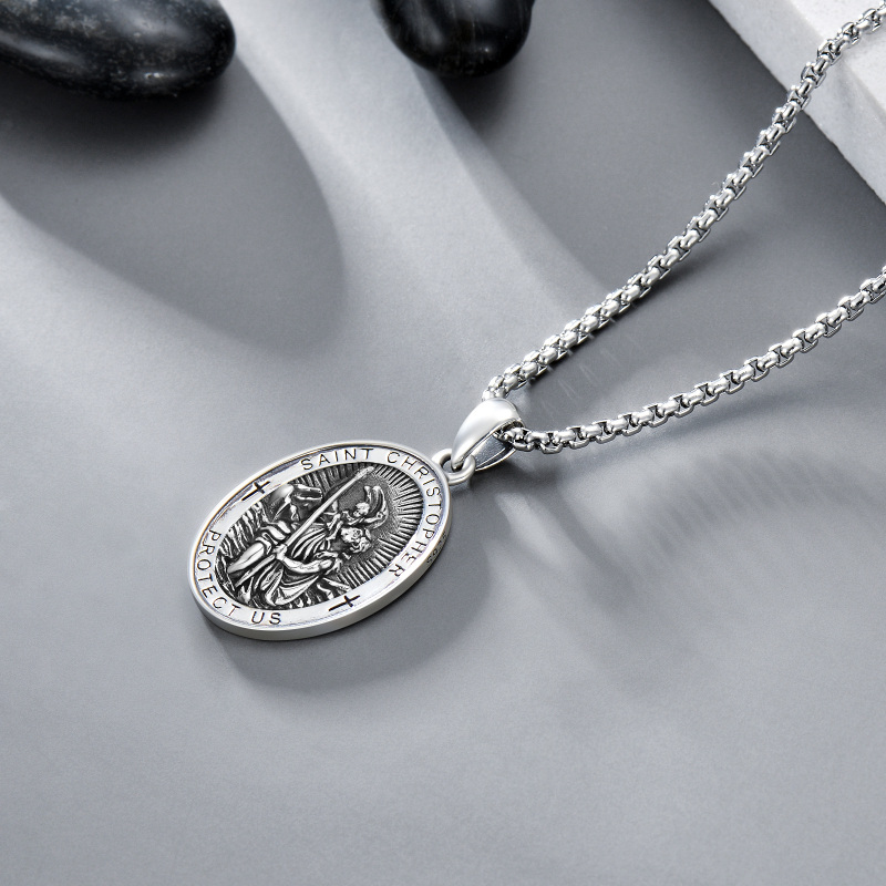 Collana da uomo in argento sterling con pendente a forma di San Cristoforo con spada e parola incisa-4