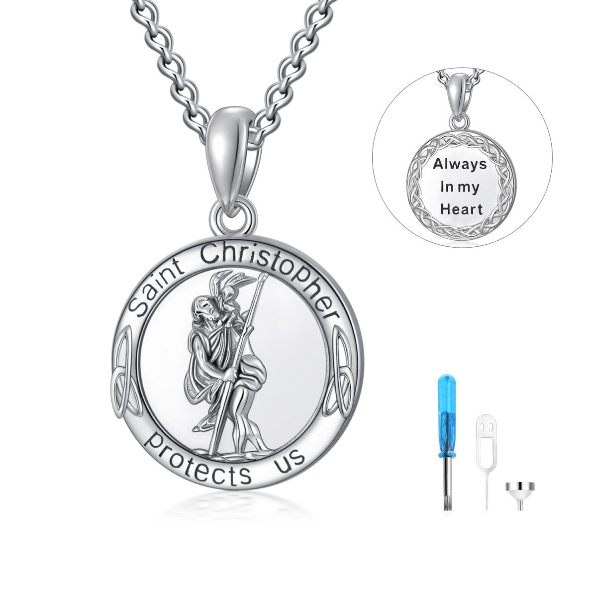 Colar de urna de nó celta e prata esterlina Saint Christopher para cinzas com palavra gravada para homens-1