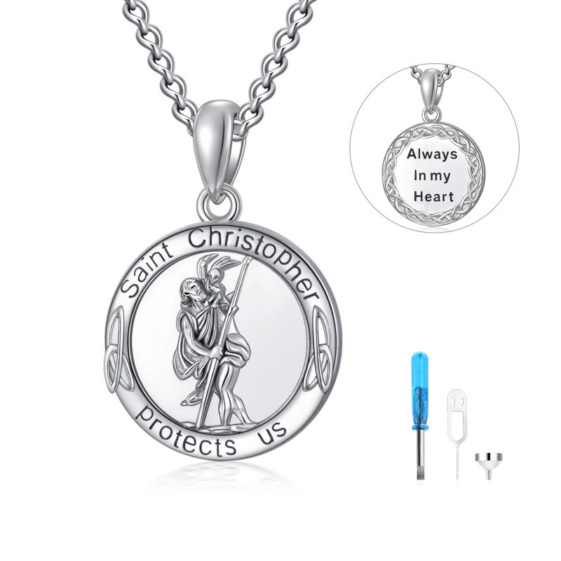 Sterling Silver Saint Christopher & Celtic Knot Urn Necklace For Ashes With Engraved Word For Men-5