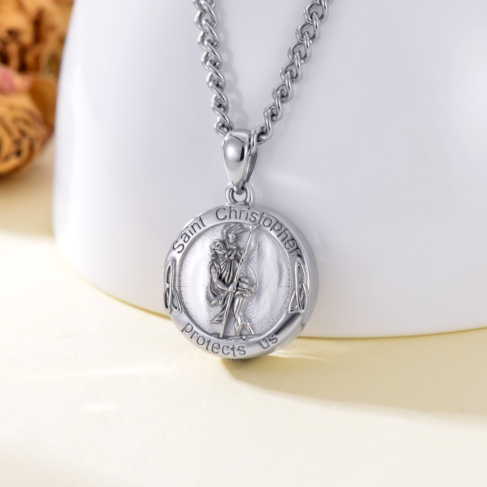 Sterling Silver Saint Christopher & Celtic Knot Urn Necklace For Ashes With Engraved Word For Men-3
