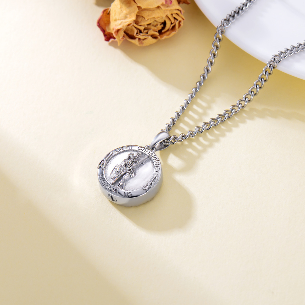 Sterling Silver Saint Christopher & Celtic Knot Urn Necklace For Ashes With Engraved Word For Men-4