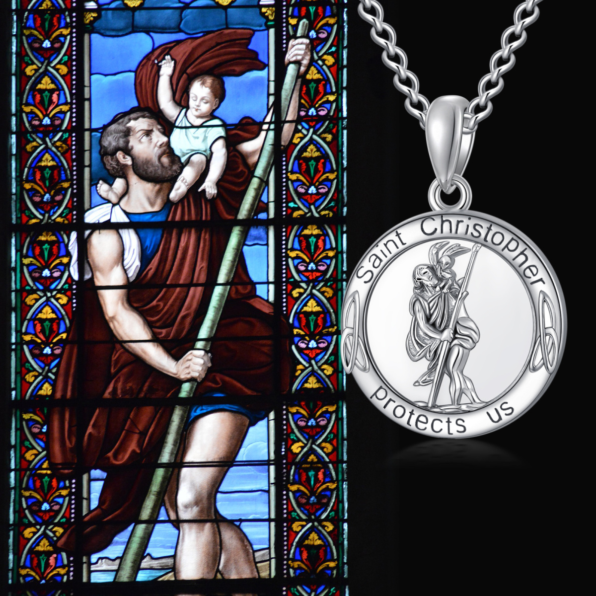 Colar de urna de nó celta e prata esterlina Saint Christopher para cinzas com palavra gravada para homens-5