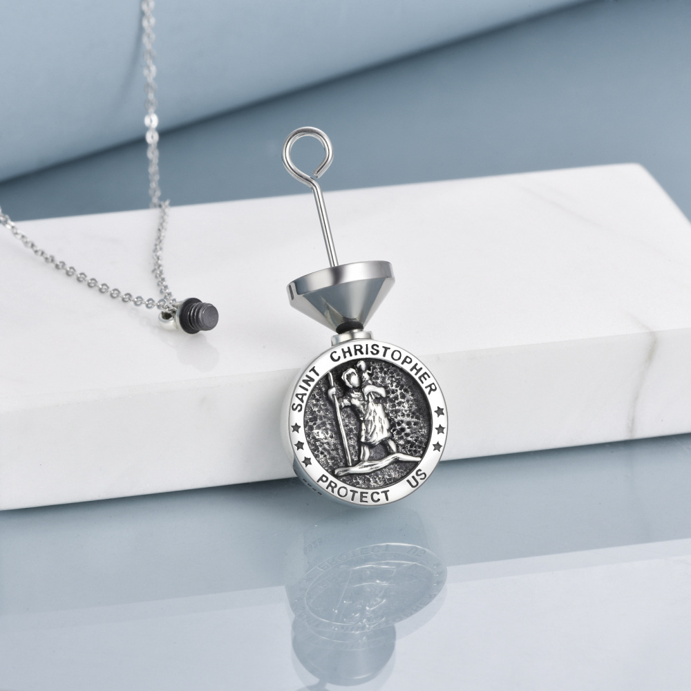 Sterling Silver Saint Christopher Urn Necklace for Ashes with Engraved Word-3