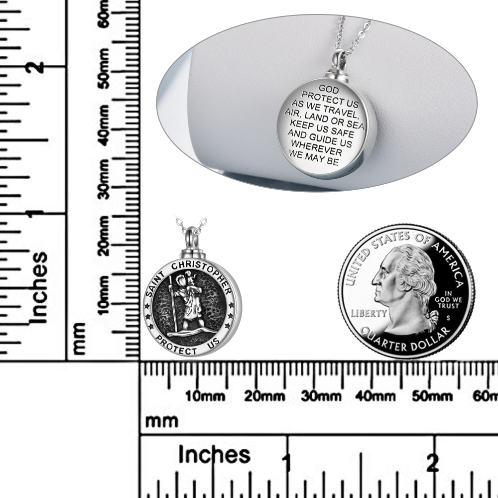 Sterling Silver Saint Christopher Urn Necklace for Ashes with Engraved Word-5