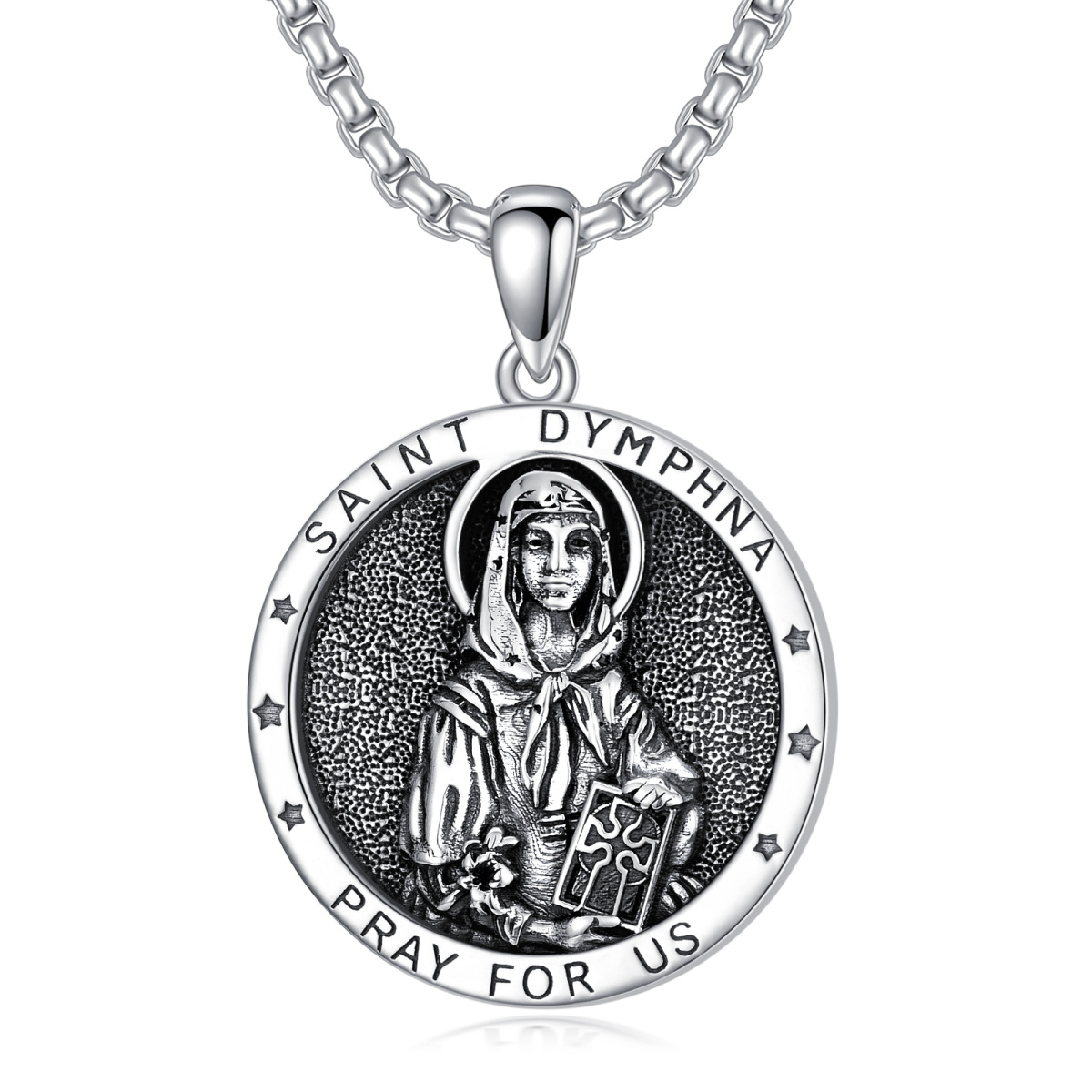 Collier en argent sterling avec pendentif Sainte Dymphna et mot gravé pour hommes-1