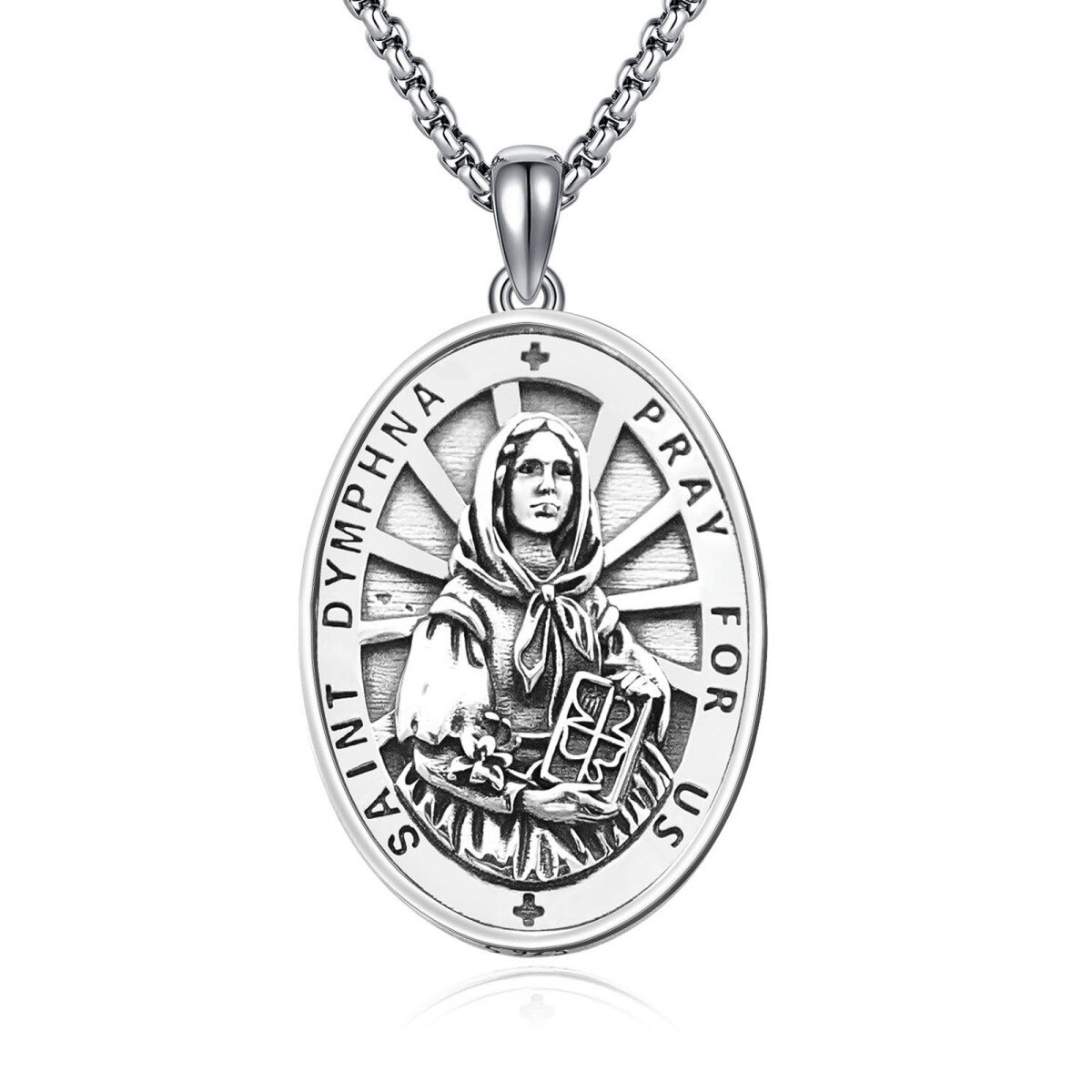 Sterling Silver Saint Dymphna Pendant Necklace with Engraved Word-1