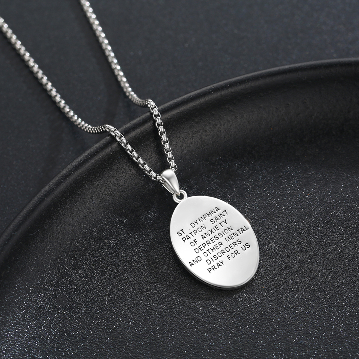 Sterling Silver Saint Dymphna Pendant Necklace with Engraved Word-4