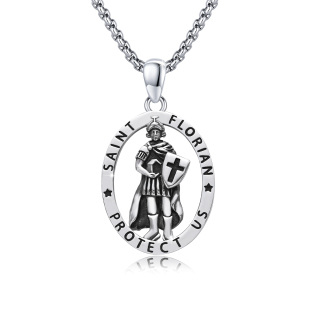 Sterling Silver Saint Florian Pendant Necklace with Engraved Word for Men-2