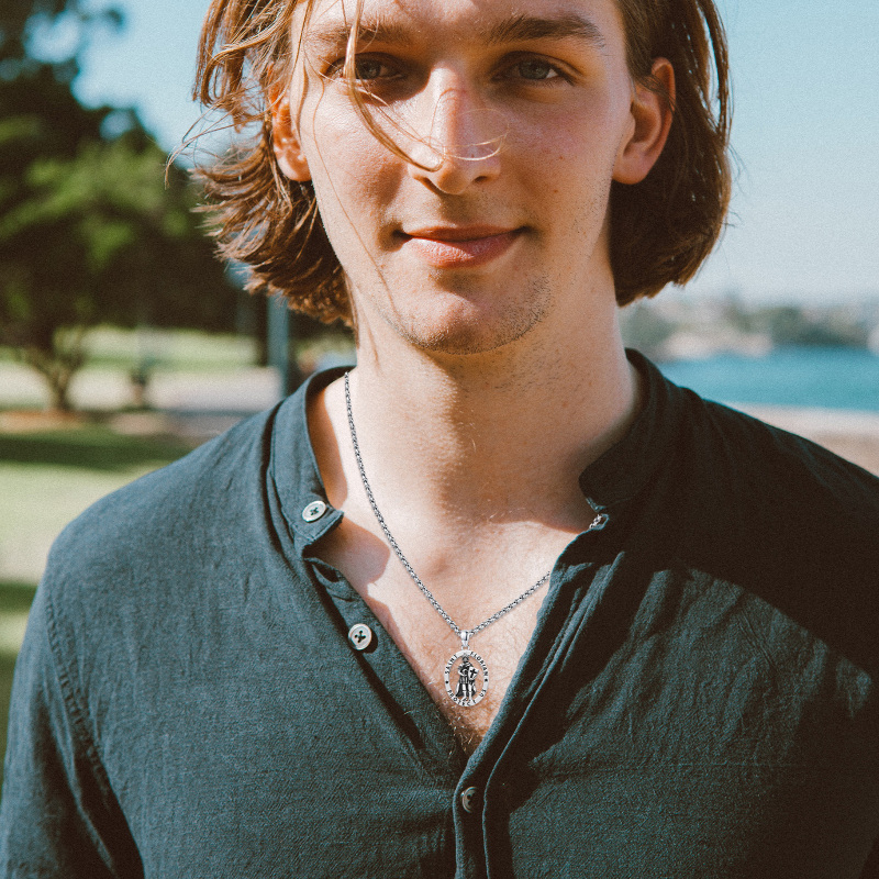 Sterling Silver Saint Florian Pendant Necklace with Engraved Word for Men-2