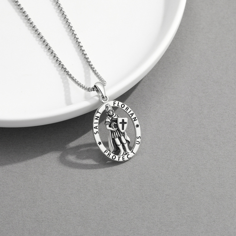 Sterling Silver Saint Florian Pendant Necklace with Engraved Word for Men-4