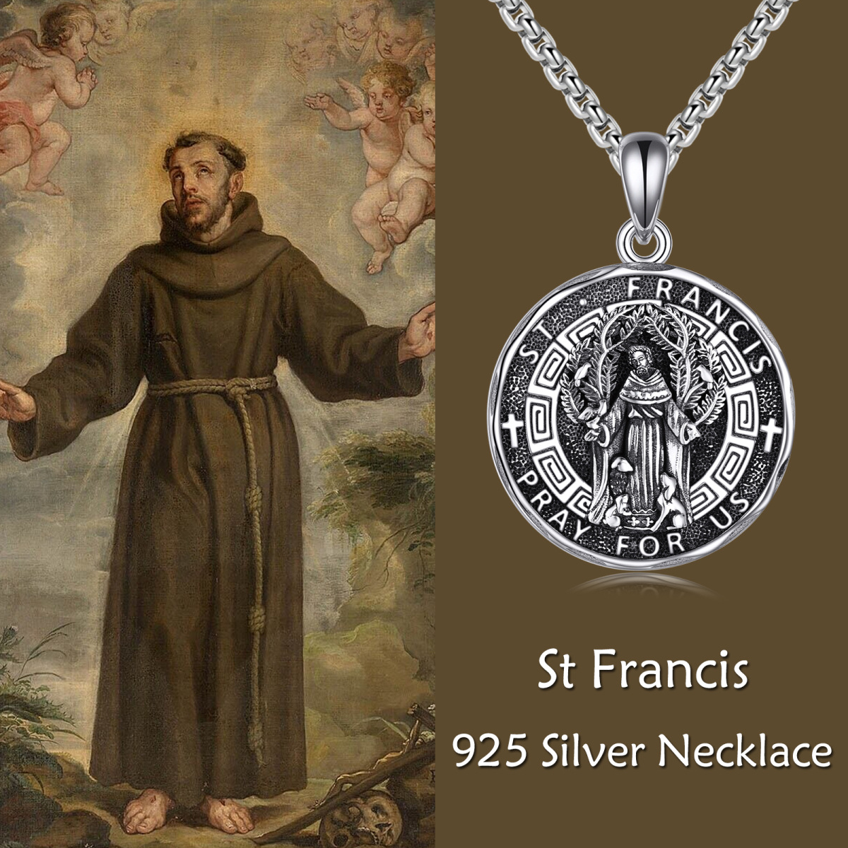 Sterling Silver Saint Francis Pendant Necklace for Men-6