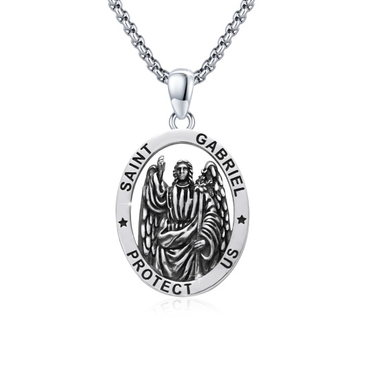 Sterling Silver Saint Gabriel Pendant Necklace with Engraved Word