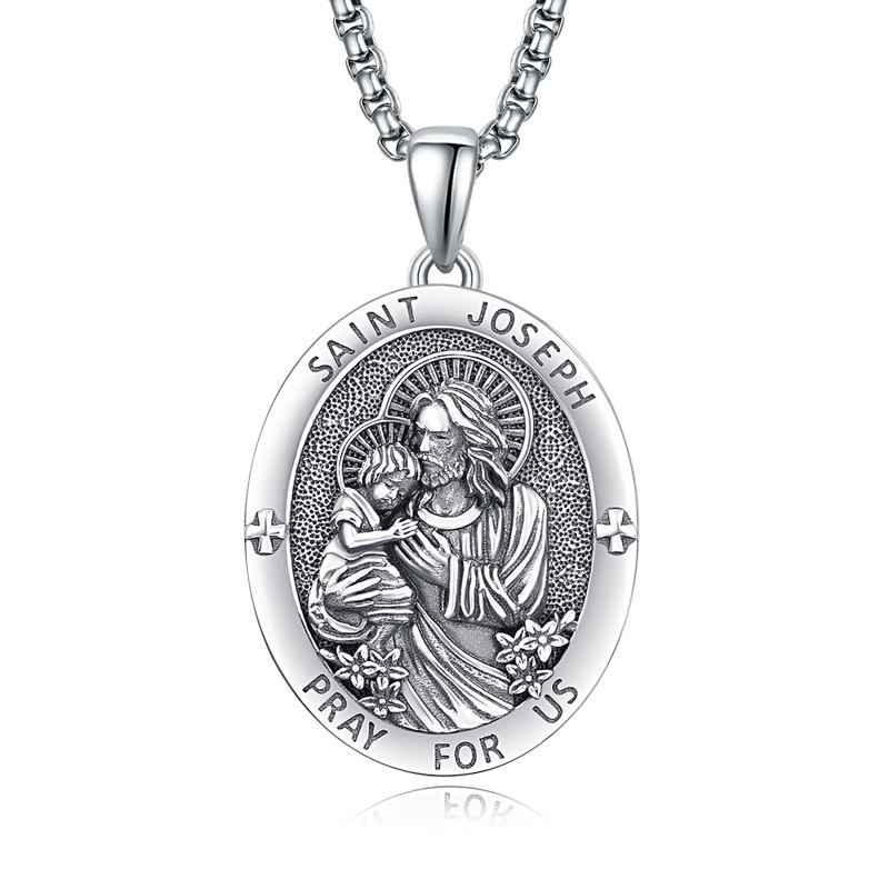 Sterling Silver Saint Joseph Pendant Necklace For Man-9