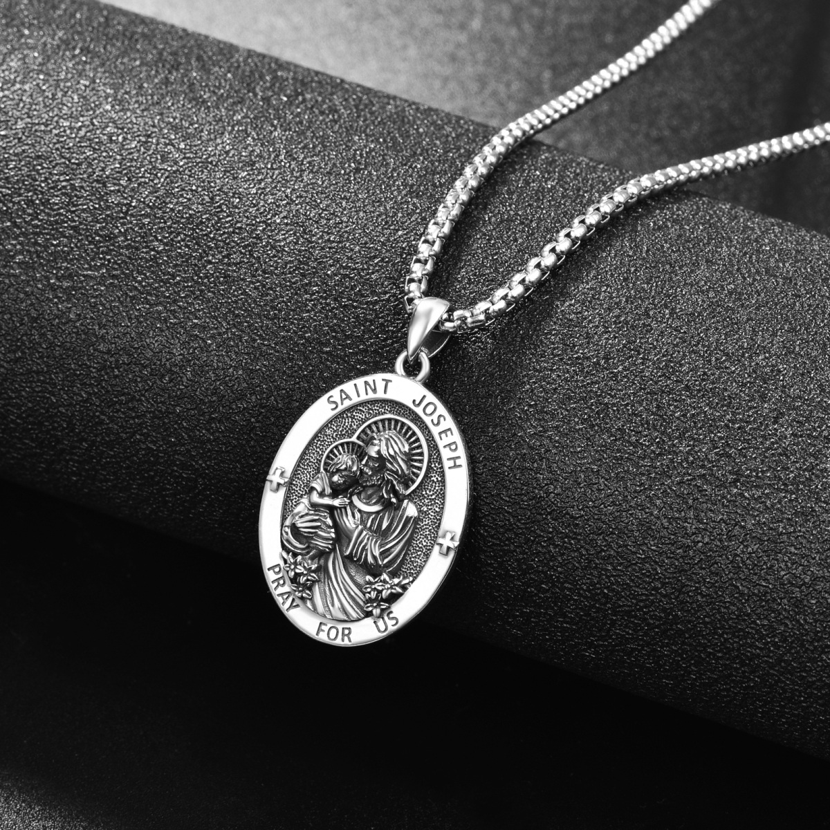 Sterling Silver Saint Joseph Pendant Necklace For Man-3