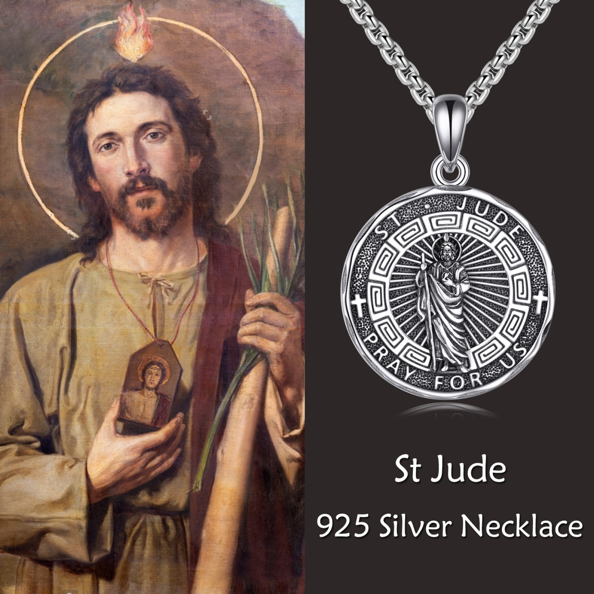 Collar con colgante de San Judas Tadeo en plata de ley para hombre-5