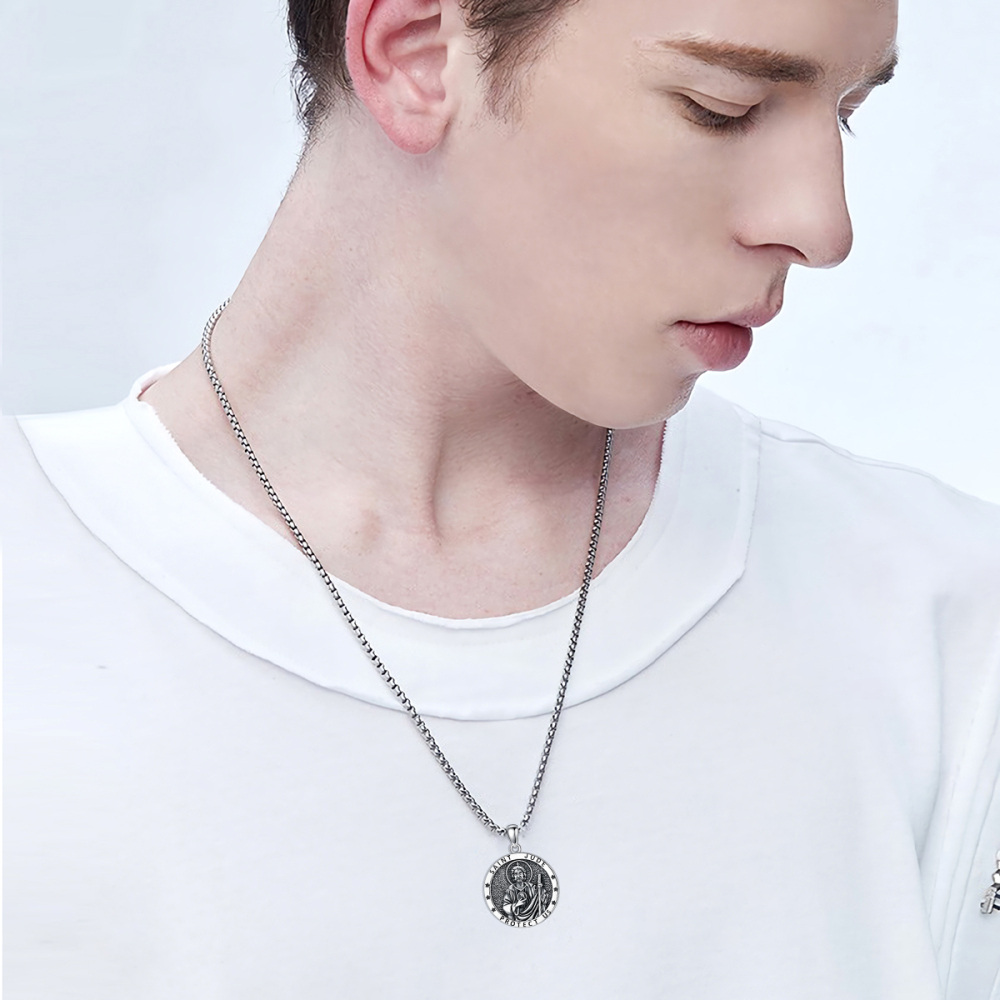 Sterling Silver Saint Jude Pendant Necklace with Engraved Word for Men-2