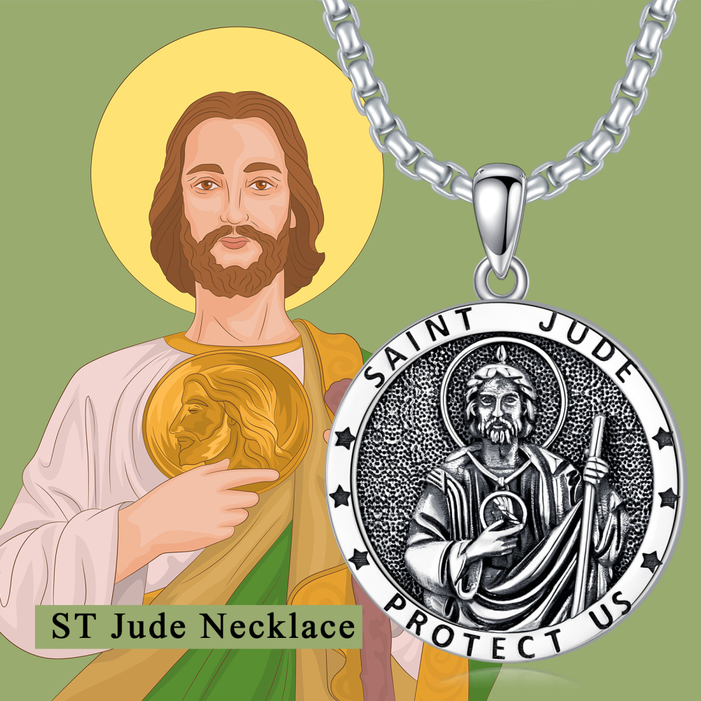 Sterling Silver Saint Jude Pendant Necklace with Engraved Word for Men-3