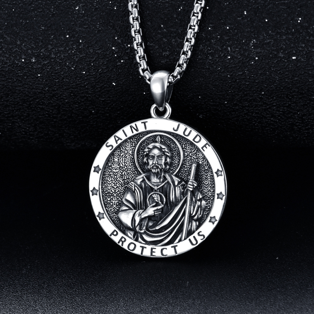 Sterling Silver Saint Jude Pendant Necklace with Engraved Word for Men-4