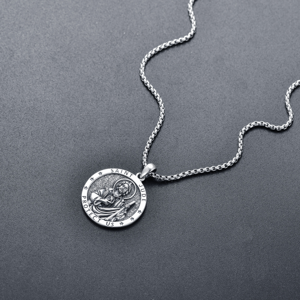 Sterling Silver Saint Jude Pendant Necklace with Engraved Word for Men-5
