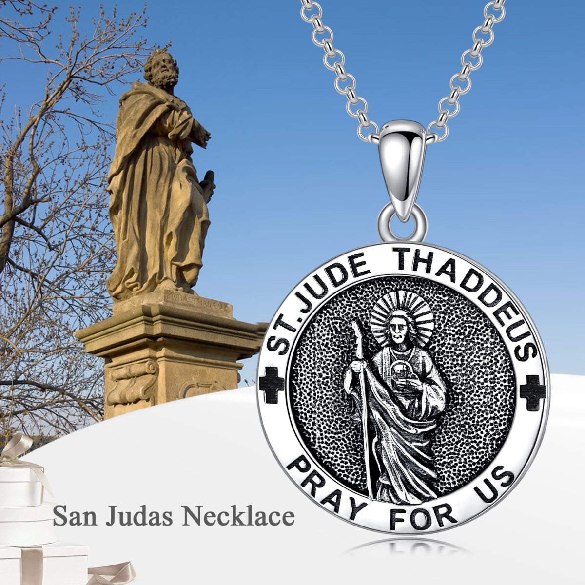 Collar de plata de ley con colgante de San Judas y palabra grabada-3