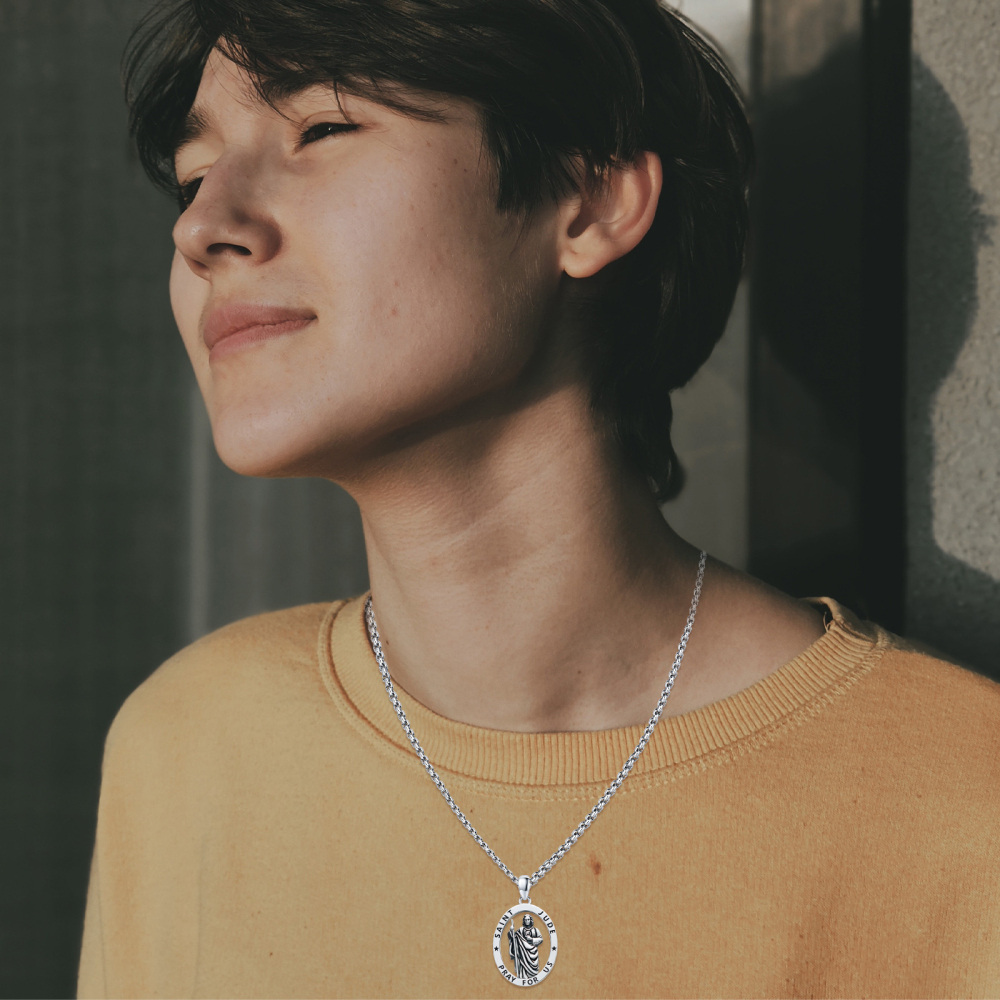 Sterling Silver Saint Jude Pendant Necklace with Engraved Word-2