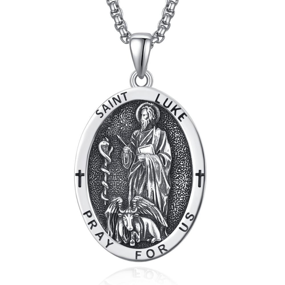 Collier pendentif ovale Saint Luc en argent sterling priez pour nous pour hommes-1