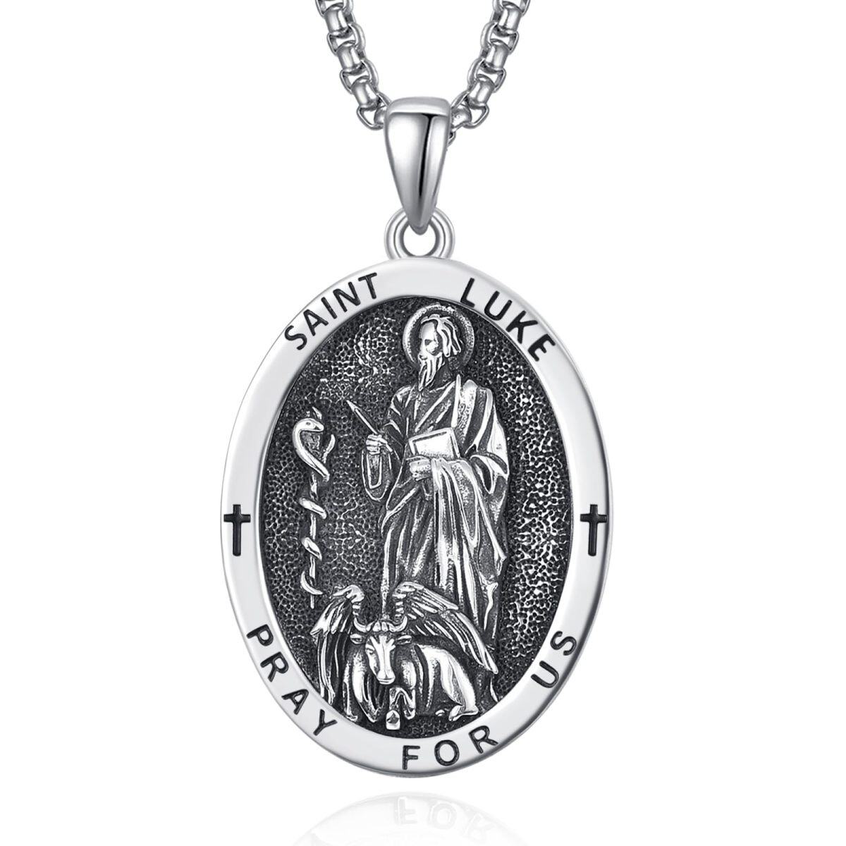 Sterling Silver Saint Luke Pray for Us Oval Pendant Necklace for Men-1