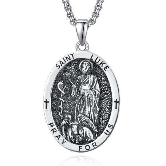 Sterling Silver Saint Luke Pray For Us Oval Pendant Necklace For Men