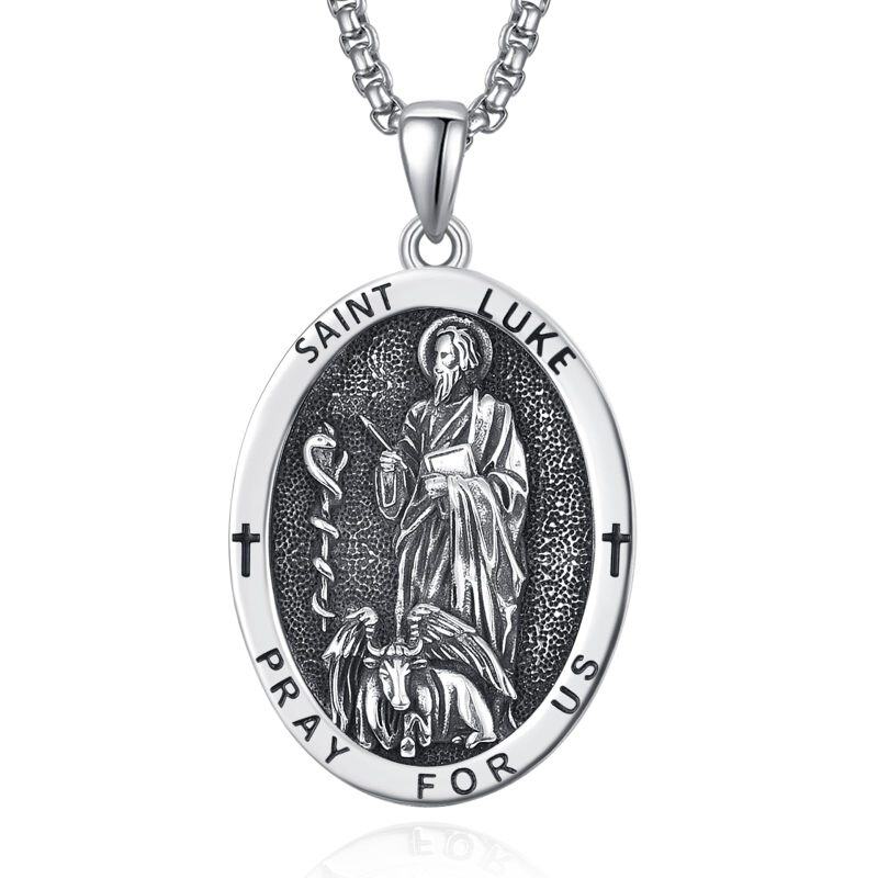 Sterling Silver Saint Luke Pray For Us Oval Pendant Necklace For Men-16