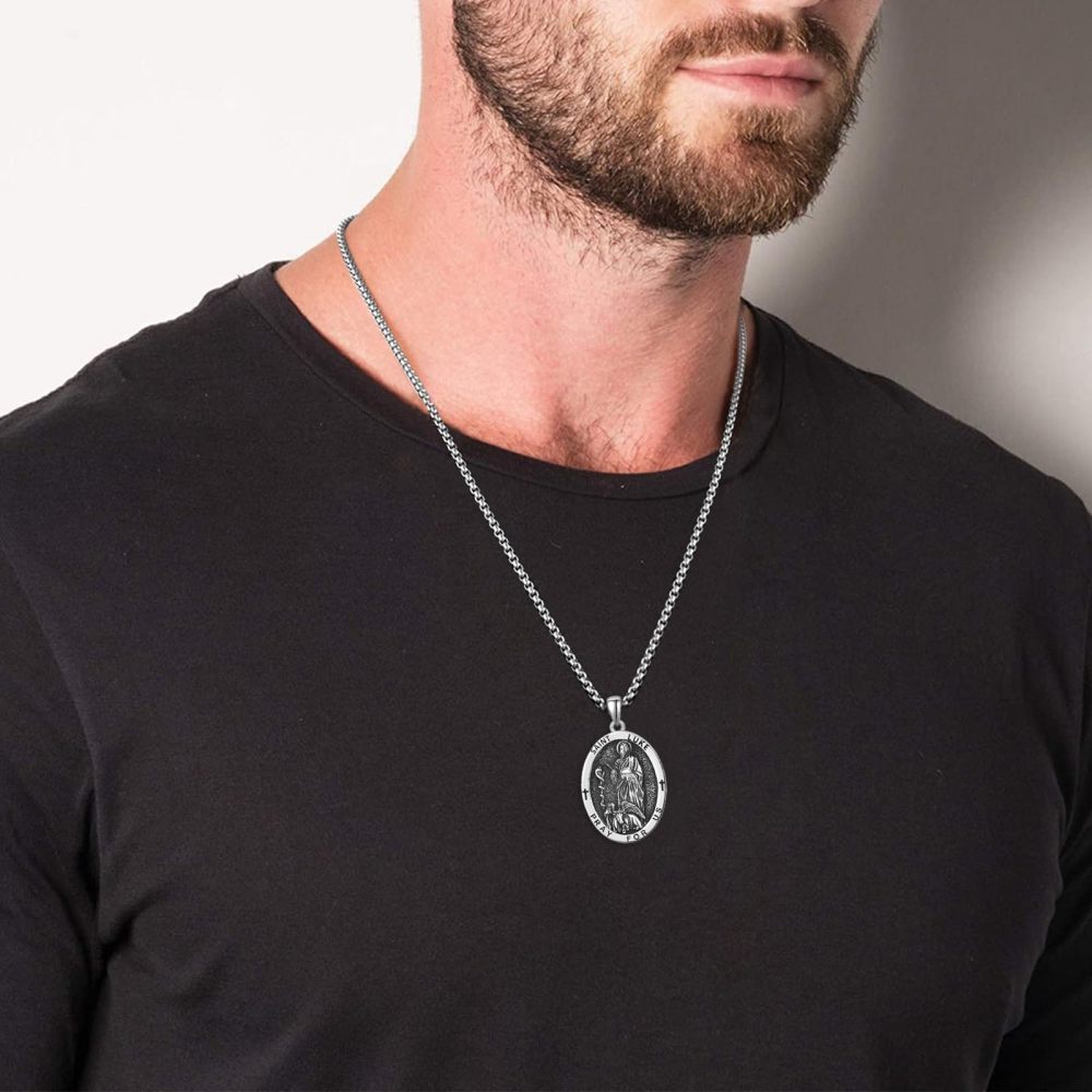 Collier pendentif ovale Saint Luc en argent sterling priez pour nous pour hommes-2
