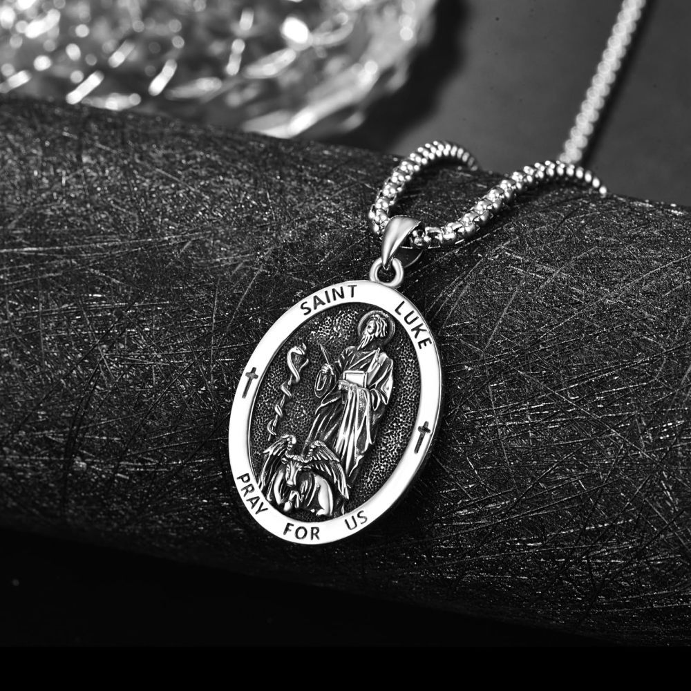 Collier pendentif ovale Saint Luc en argent sterling priez pour nous pour hommes-3