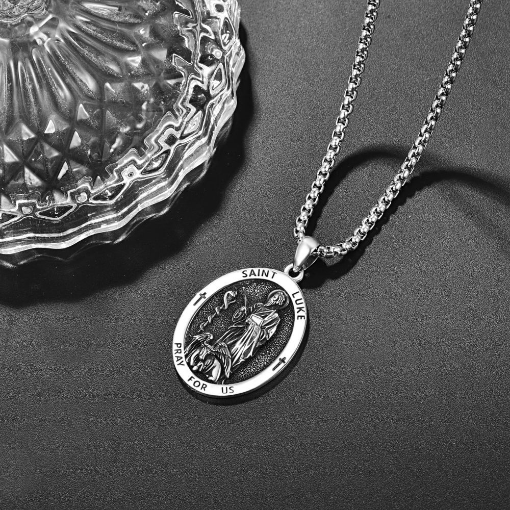 Collier pendentif ovale Saint Luc en argent sterling priez pour nous pour hommes-4