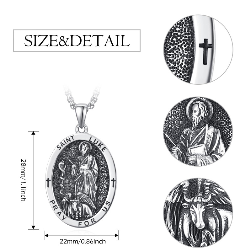 Sterling Silver Saint Luke Pray For Us Oval Pendant Necklace For Men-5