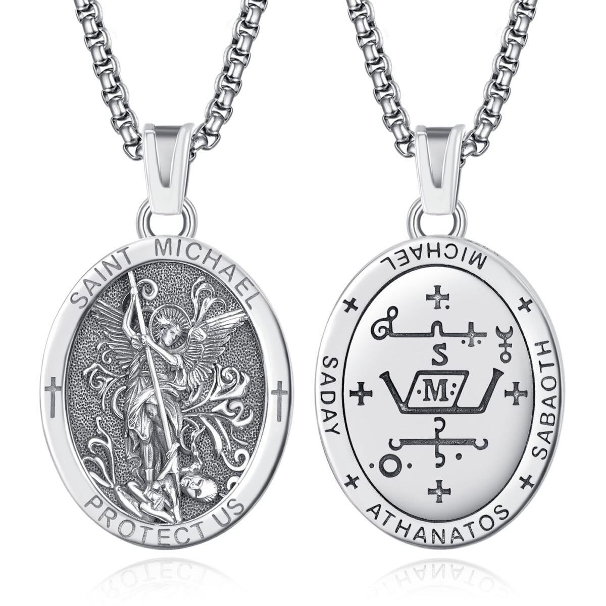 Halskette mit ovalem Anhänger aus Sterlingsilber mit Amulett des Heiligen Michael für Herren-1