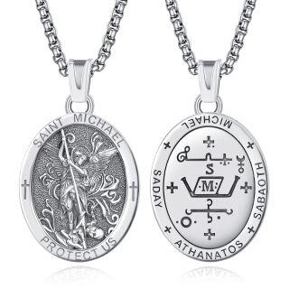 Sterling Silver Saint Michael Amulet Oval Pendant Necklace for Men-6