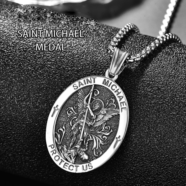 Sterling Silver Saint Michael Amulet Oval Pendant Necklace for Men-3